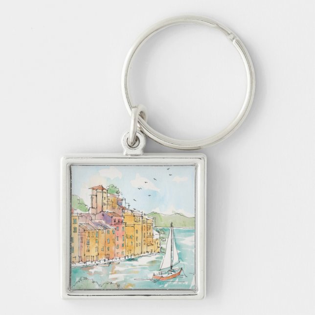 Illustration av den Porofino hamnen med segelbåten Fyrkantig Silverfärgad Nyckelring (Framsidan)