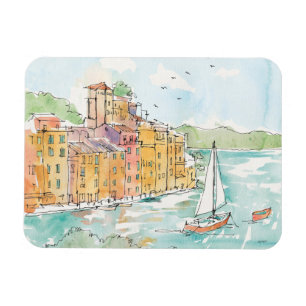 Illustration av den Porofino hamnen med segelbåten Magnet