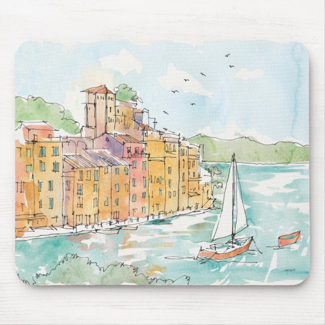 Illustration av den Porofino hamnen med segelbåten Musmatta (Framsidan)