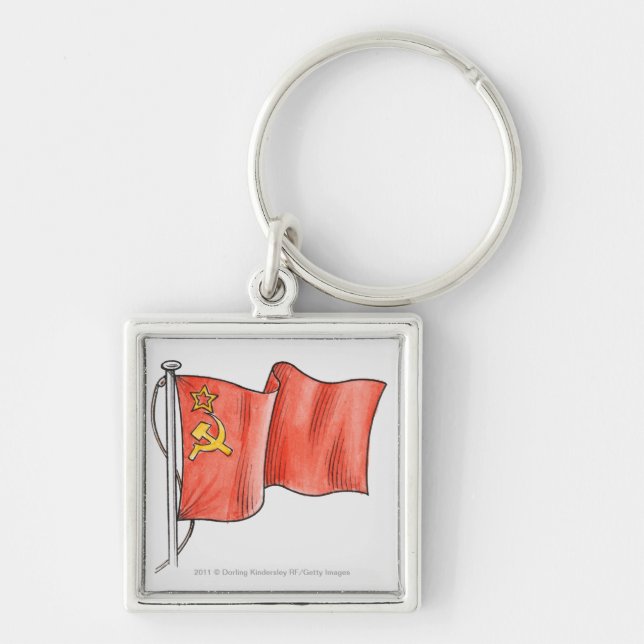 Illustration av den sovjetiska flagga fyrkantig silverfärgad nyckelring (Framsidan)