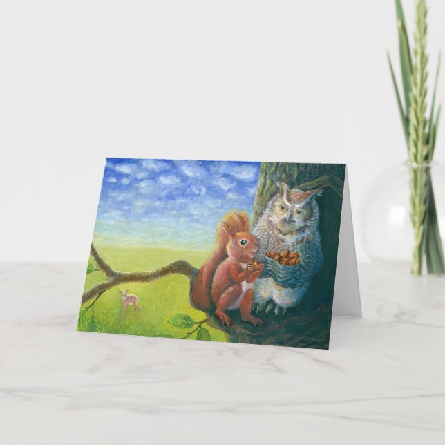 Illustration av ekorre & uggla med hasselnötter kort (Framsida)