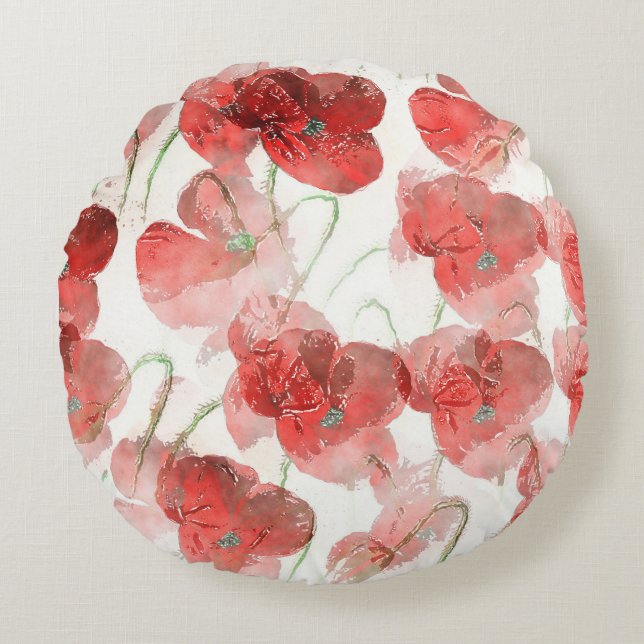 Illustration av elegant Red Watercolor Poppies Rund Kudde (Framsidan)