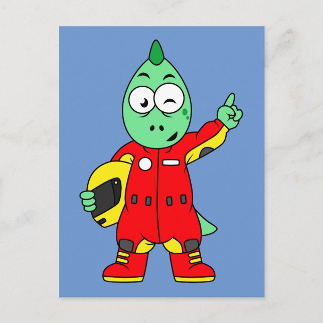 Illustration av en Allosaurus racerbilförare. Vykort (Framsida)