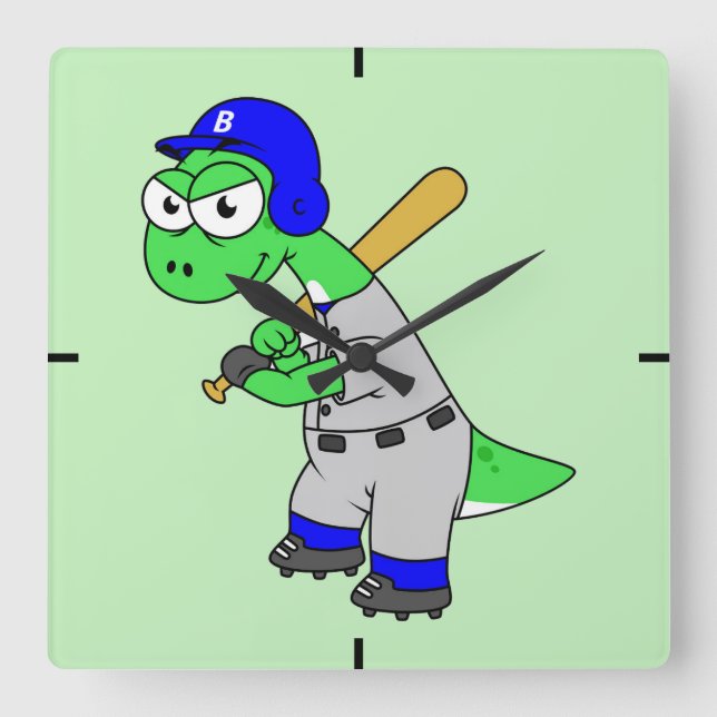 Illustration av en Brontosaurus Baseball Player. Fyrkantig Klocka (Framsida)