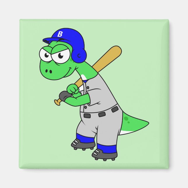 Illustration av en Brontosaurus Baseball Player. Magnet (Framsidan)
