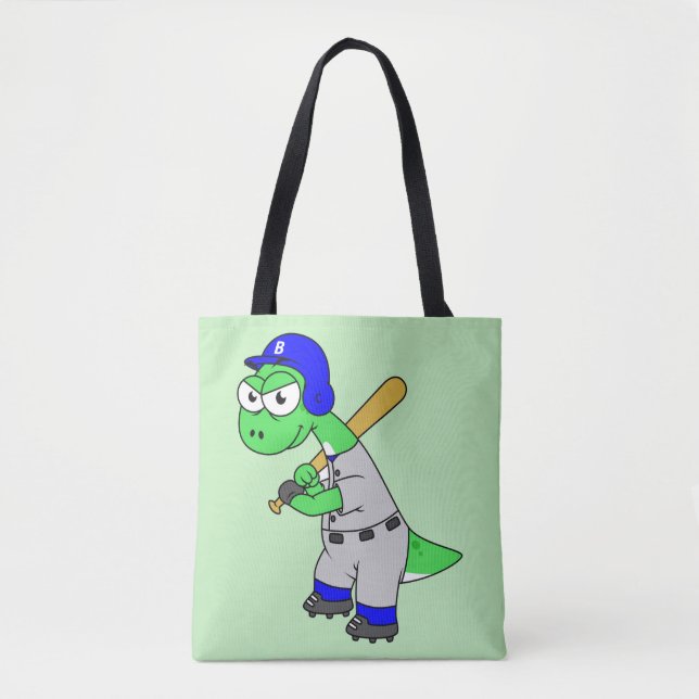Illustration av en Brontosaurus Baseball Player. Tygkasse (Framsida)