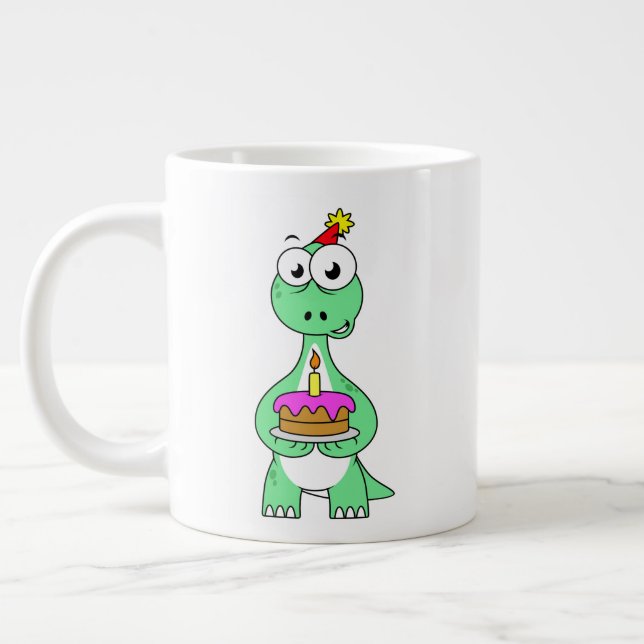 Illustration av en brontosaurus med födelsedagskal jumbo mugg (Vänster)