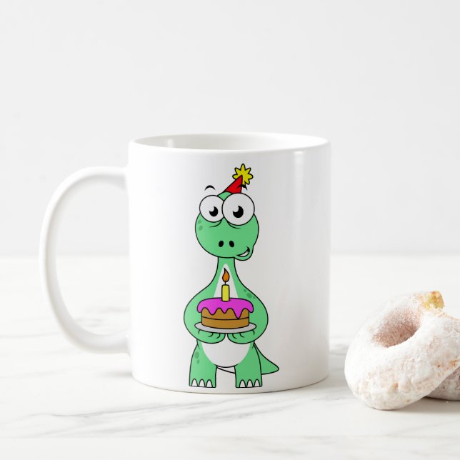 Illustration av en brontosaurus med födelsedagskal kaffemugg (Med munk)