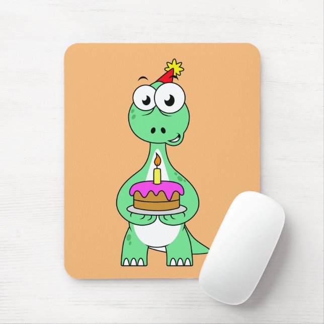 Illustration av en brontosaurus med födelsedagskal musmatta (Med mus)