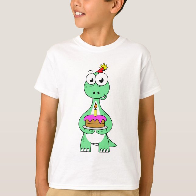 Illustration av en brontosaurus med födelsedagskal t shirt (Framsida)