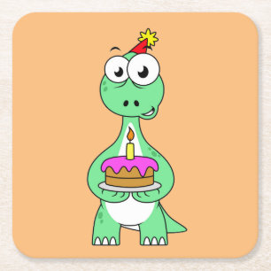 Illustration av en brontosaurus med födelsedagskal underlägg papper kvadrat