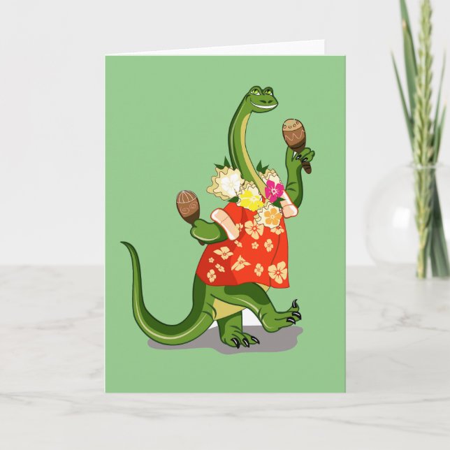 Illustration av en Brontosaurus som spelar Maracas Kort (Framsida)