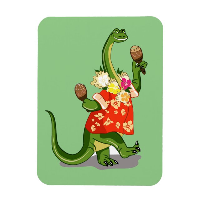Illustration av en Brontosaurus som spelar Maracas Magnet (Vertikal)