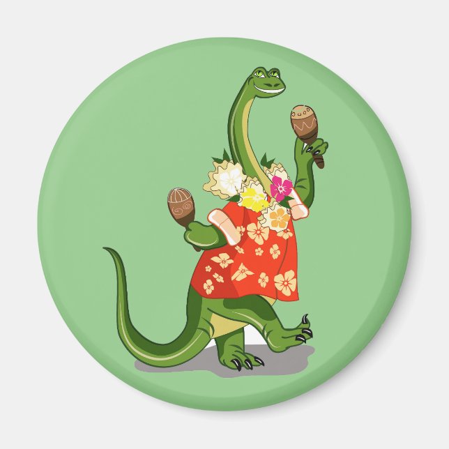 Illustration av en Brontosaurus som spelar Maracas Magnet (Framsidan)