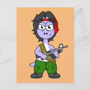 Illustration av en Brontosaurus utklädd som Rambo. Vykort