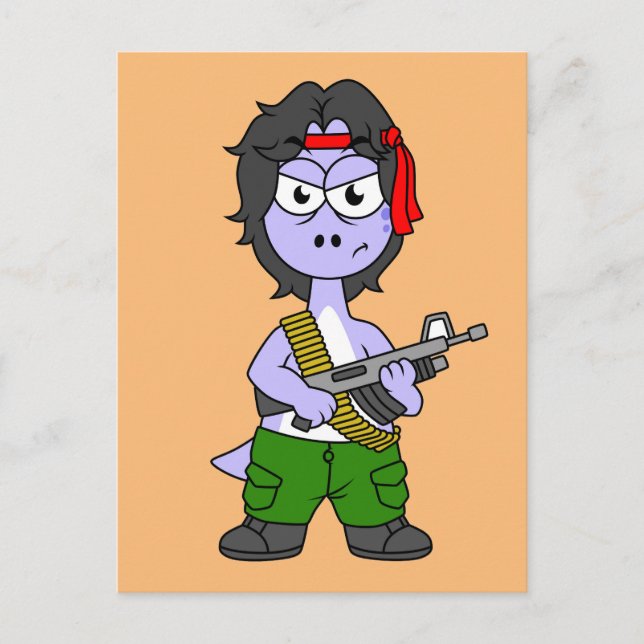 Illustration av en Brontosaurus utklädd som Rambo. Vykort (Framsida)