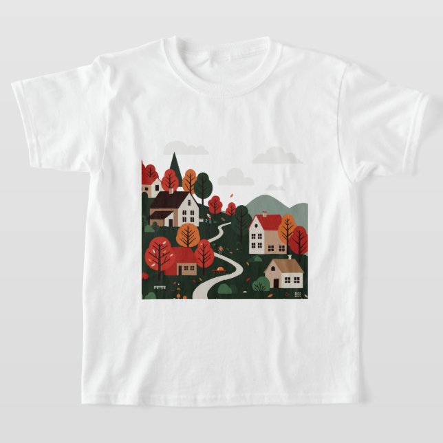 Illustration av en by på hösten t shirt (Laydown)