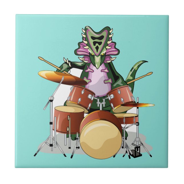 Illustration av en Chasmosaurus som spelar drummen Kakelplatta (Framsidan)