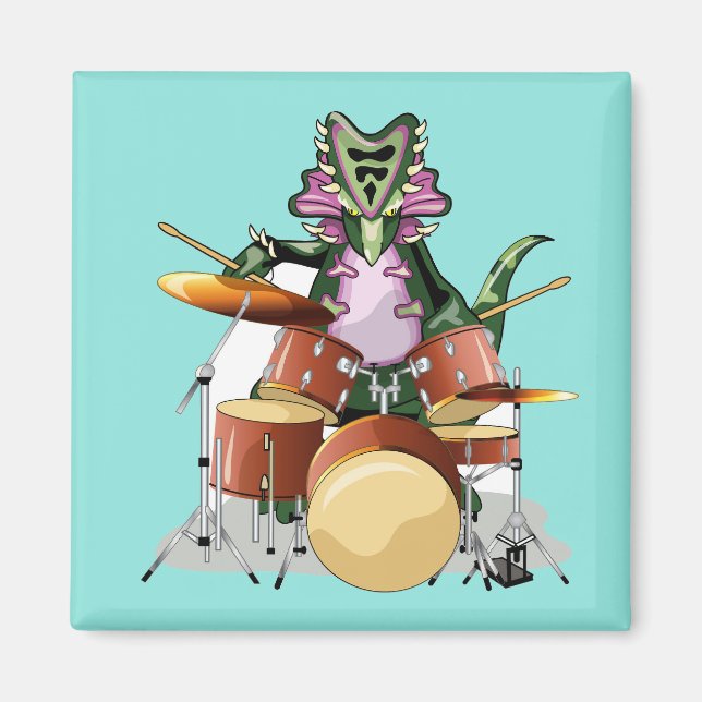Illustration av en Chasmosaurus som spelar drummen Magnet (Framsidan)