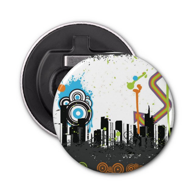 Illustration av en grungy cityscape flasköppnare (Framsidan)