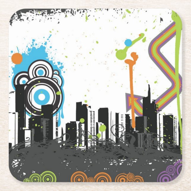 Illustration av en grungy cityscape underlägg papper kvadrat (Framsidan)