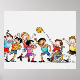 Illustration av en grupp av barn däribland a poster