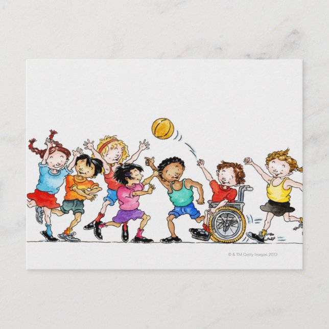 Illustration av en grupp barn, inklusive en vykort (Framsida)