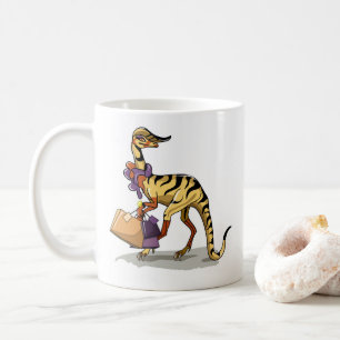 Illustration av en iguanodon med Shopping bag. Kaffemugg
