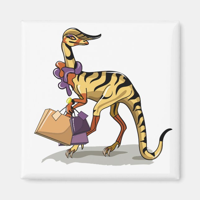 Illustration av en iguanodon med Shopping bag. Magnet (Framsidan)