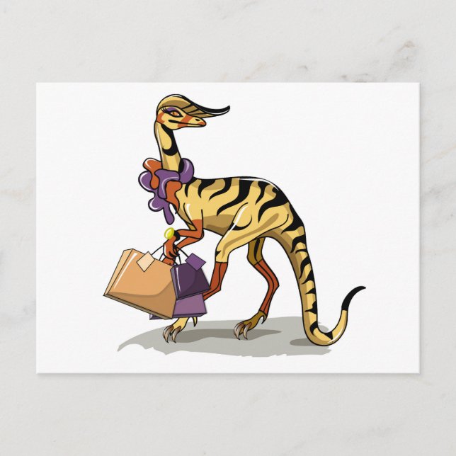 Illustration av en iguanodon med Shopping bag. Vykort (Framsida)