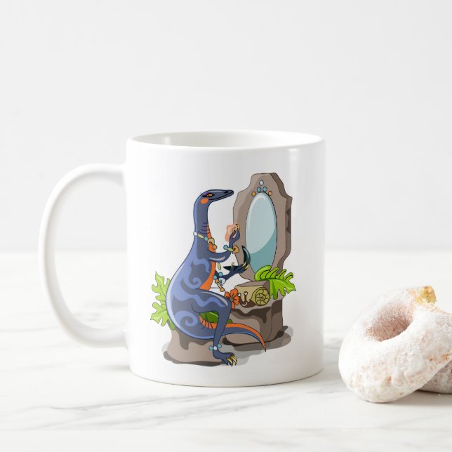 Illustration av en iguanodon som sätter på konfekt kaffemugg (Med munk)