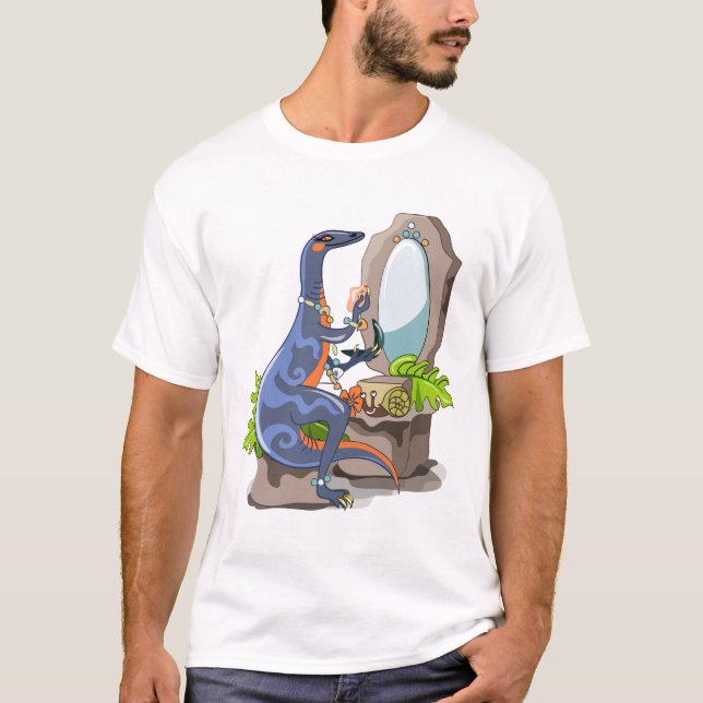 Illustration av en iguanodon som sätter på konfekt t shirt (Framsida)