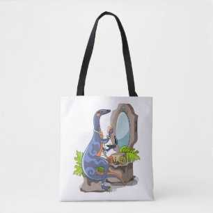 Illustration av en iguanodon som sätter på konfekt tygkasse