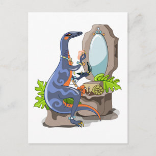 Illustration av en Iguanodon som sätter på smink. Vykort