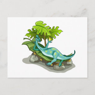 Illustration av en Iguanodon som solar sig. Vykort