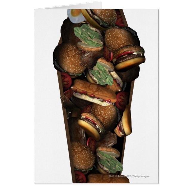 Illustration av en kista som fylls med snabbmat hälsningskort (Framsidan)