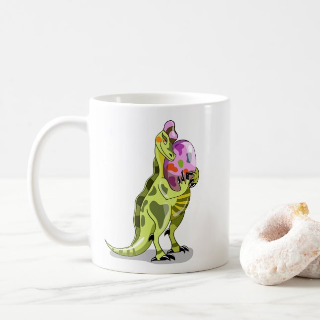 Illustration av en lambeosaurus som håller en ägg. kaffemugg (Med munk)
