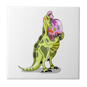 Illustration av en lambeosaurus som håller en ägg. kakelplatta