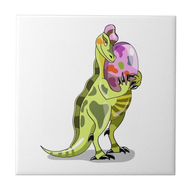 Illustration av en lambeosaurus som håller en ägg. kakelplatta (Framsidan)