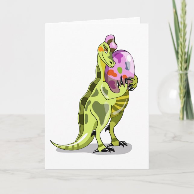 Illustration av en lambeosaurus som håller en ägg. kort (Framsida)