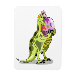 Illustration av en lambeosaurus som håller en ägg. magnet