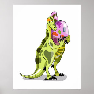 Illustration av en lambeosaurus som håller en ägg. poster