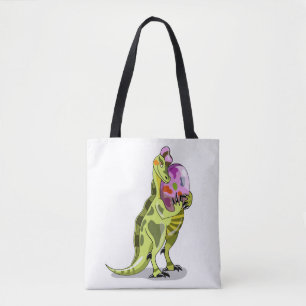 Illustration av en lambeosaurus som håller en ägg. tygkasse