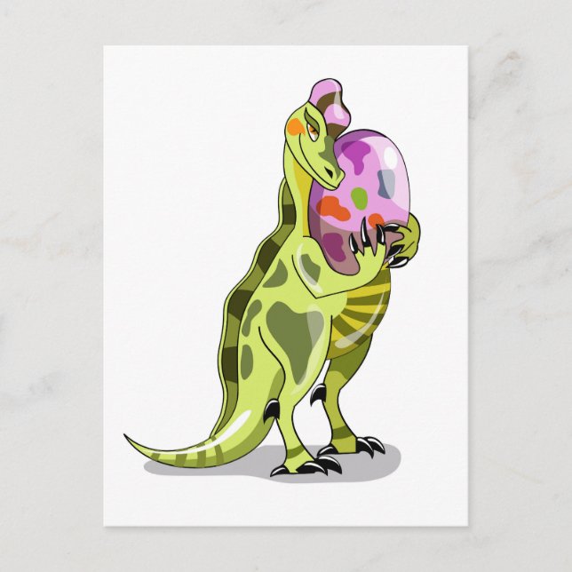 Illustration av en lambeosaurus som håller en ägg. vykort (Framsida)