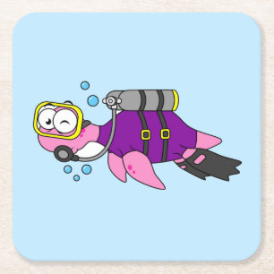 Illustration av en Loch Ness Monster Scuba Diver. Underlägg Papper Kvadrat