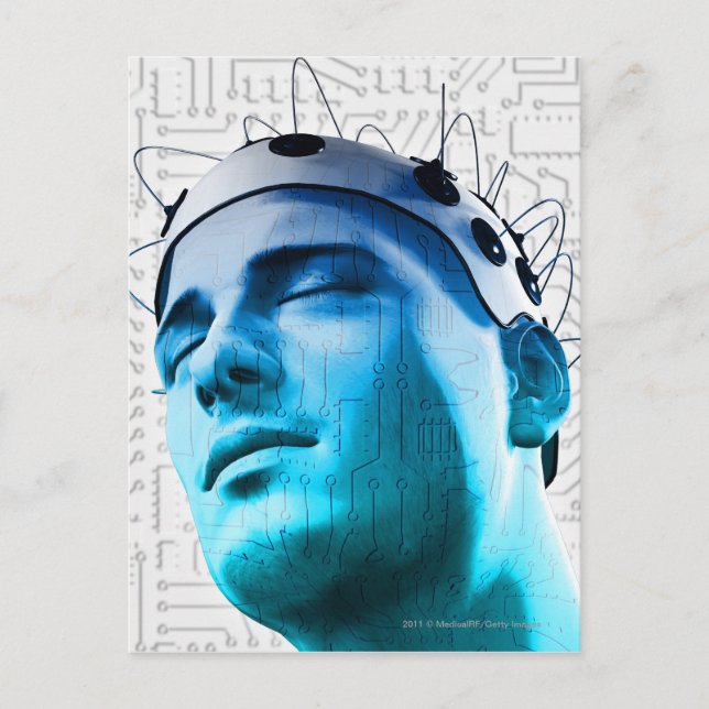 Illustration av en man som bär ett elektrodlock vykort (Framsida)