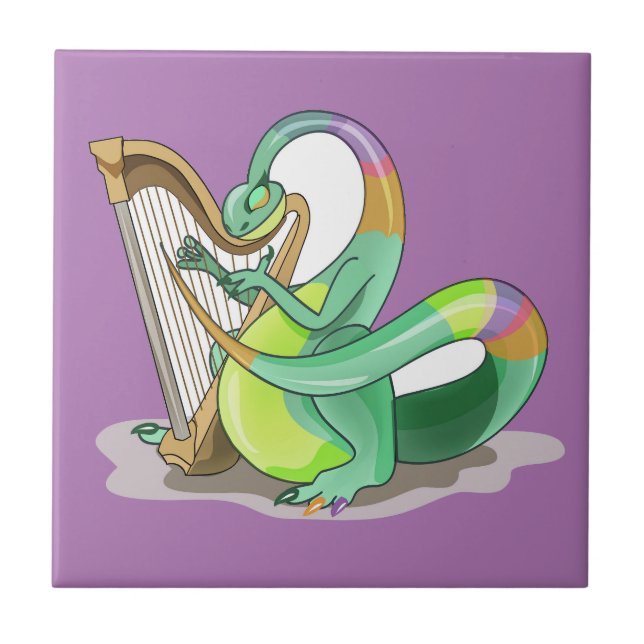 Illustration av en Plateosaurus som spelar Harp. Kakelplatta (Framsidan)