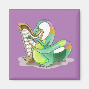 Illustration av en Plateosaurus som spelar Harp. Magnet