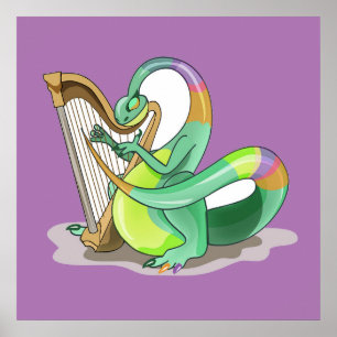 Illustration av en Plateosaurus som spelar Harp. Poster
