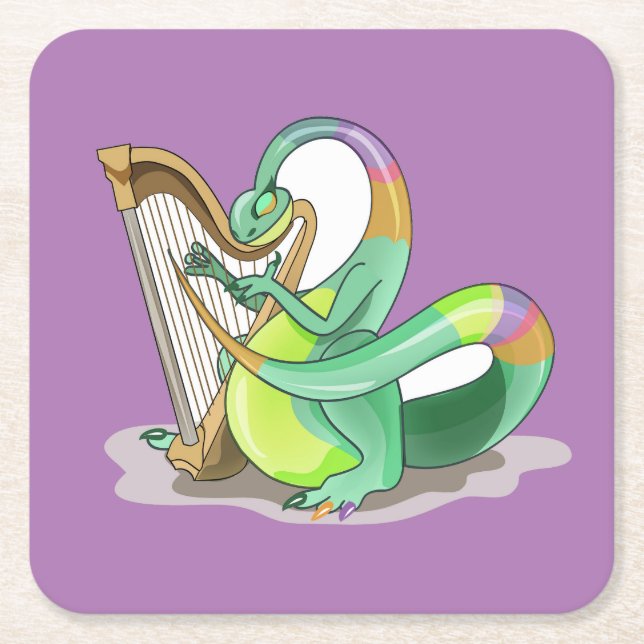 Illustration av en Plateosaurus som spelar Harp. Underlägg Papper Kvadrat (Framsidan)